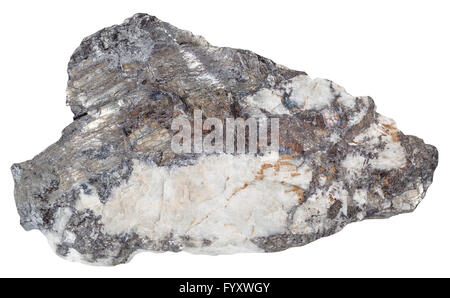 La prise de vue macro des pierres minérales naturelles - gris acier bismuthinite et de cristaux de quartz dans le bismuth natif irisé isolés rock Banque D'Images