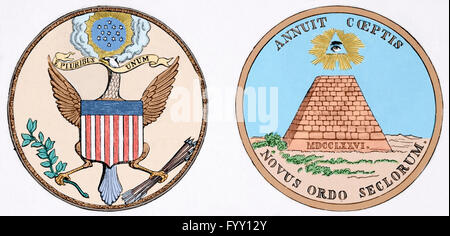 Guerre d'Indépendance américaine (1775-1783). Le Grand Sceau des États-Unis, utilisé pour authentifier les documents publiés par le gouvernement fédéral des États-Unis. Il a été utilisé pour la première fois publiquement en 1782. La gravure. 19e siècle. De couleur. Banque D'Images