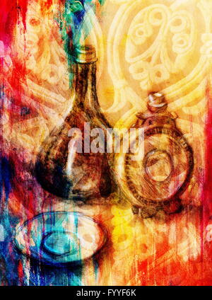 Fiole de dessin et à vin sur papier. Original de la dessiner et effet de couleur. Banque D'Images