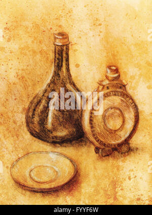 Fiole de dessin et à vin sur papier. Original de la dessiner et effet de couleur. Banque D'Images