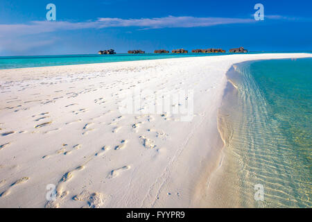 Maldives Resort pont. Île tropicale avec une plage de sable fin, palmiers et tourquise l'eau claire Banque D'Images