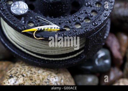 Seule la pêche à la truite Fly sur bobine Banque D'Images