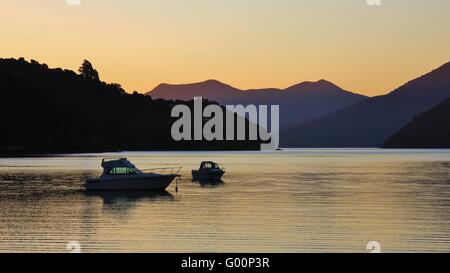 Soirée paisible scène dans le Marlborough Sounds, en Nouvelle-Zélande. Banque D'Images