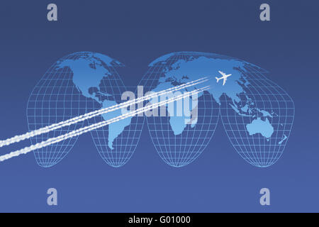 Avion en face d'une carte du monde en Goode-Projection