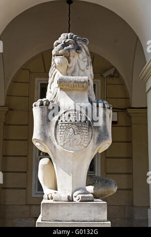 Statue d'un lion avec la protection en Lviv Banque D'Images