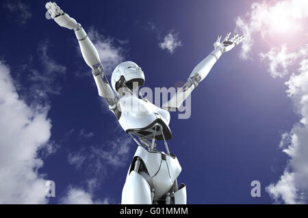 Robot humanoïde femelle avec des bras soulevé vers le ciel en exaltation Banque D'Images