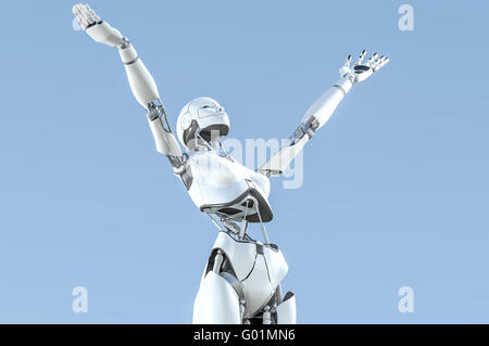 Robot humanoïde femelle avec des bras soulevé vers le ciel en exaltation Banque D'Images