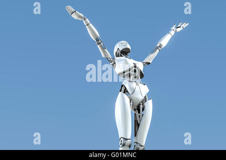 Robot humanoïde femelle avec des bras soulevé vers le ciel en exaltation Banque D'Images