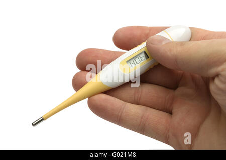 Thermomètre numérique dans une main sur blanc chaud montre isolés Banque D'Images