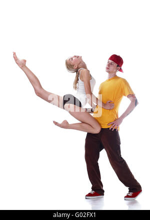 Jeune ballerine de saut et les jeunes hip hop dancer isolé sur fond blanc Banque D'Images