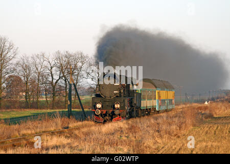 Train à vapeur vieux rétro en passant par campagne Banque D'Images