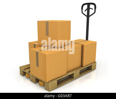 Pile de cartons sur une palette avec un transpalette Banque D'Images