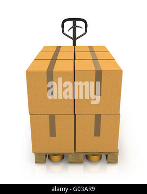 Pile de cartons sur une palette avec un chariot élévateur à vue avant Banque D'Images