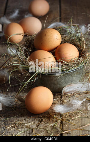 Brown frais oeufs dans le vieux récipient d'étain sur bois Banque D'Images