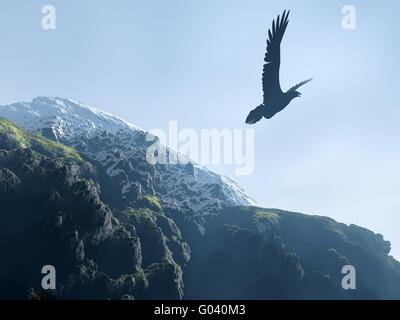 Silhouette d'un aigle planeur au-dessus de montagne Banque D'Images