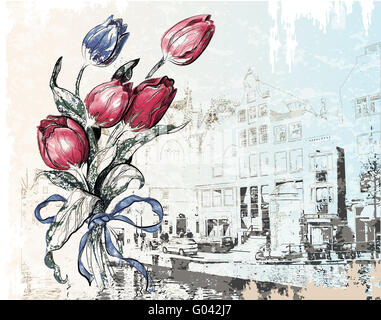 Vintage illustration de la rue d'Amsterdam et de tulipes. Style aquarelle. Banque D'Images