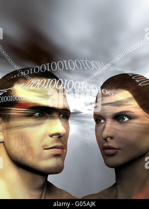 L'homme et la femme binaire sur fond gris Banque D'Images