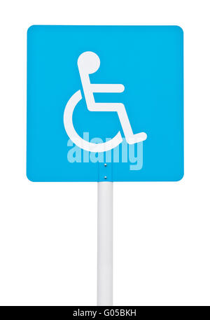 Blue Square signe avec handicap sur fauteuil roulant (pôle poste isolé sur fond blanc) Banque D'Images