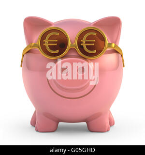 Tirelire portant des lunettes de soleil avec de l'argent signe. Chemin de détourage inclus. Banque D'Images