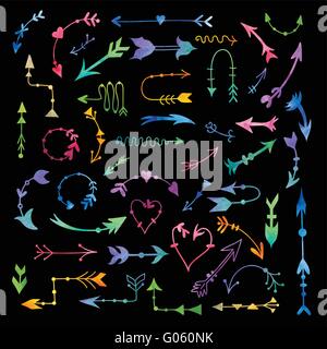 Grand ensemble de croquis peint à la main de couleur vive flèches boho tribal sur fond noir Illustration de Vecteur