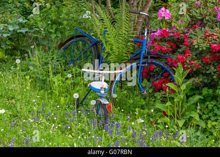 Vieux vélo entre les fleurs dans un jardin avec trois roues Banque D'Images