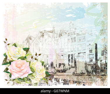 Vintage illustration de la rue d'Amsterdam et de roses. Style aquarelle. Banque D'Images