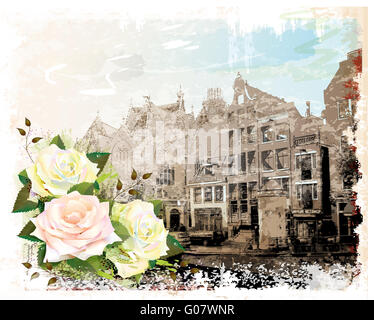 Vintage illustration de la rue d'Amsterdam et de roses. Style aquarelle. Banque D'Images