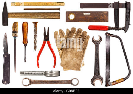 Vieux outils divers artisan isolé Banque D'Images