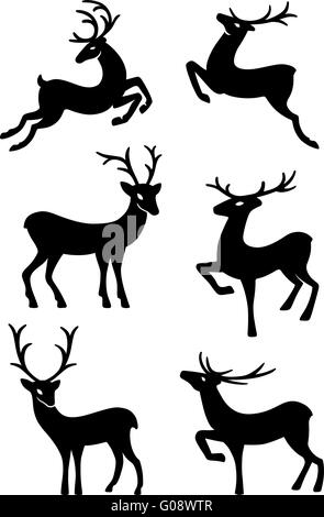 Six silhouettes de cerfs isolé sur fond blanc Banque D'Images