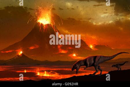 Artwork d'une paire de dinosaures tyrannosaure sondant un paysage volcanique. Cette présente une scène à la fin de la période du Crétacé dans l'histoire de la Terre. Une énorme météorite a eu un impact sur la Terre, causant des destructions catastrophiques à l'échelle mondiale. Les éruptions volcaniques ne sont qu'un exemple des séquelles de l'impact. Ils libèrent des gaz toxiques que l'atmosphère de la dentelle avec des toxines, l'asphyxie de la faune. Banque D'Images