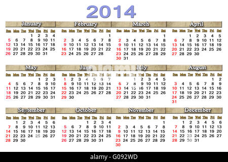 Calendrier simple et précis pour l'année 2014 sur la Banque D'Images