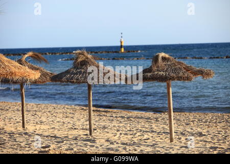 Des parasols en chaume sur une plage tropicale Banque D'Images