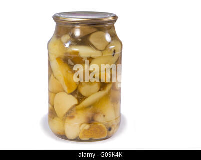 Champignons en conserve dans un bocal en verre sur un white background Banque D'Images