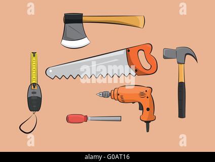 Charpentier bois travaillant ensemble d'outils de construction Illustration de Vecteur
