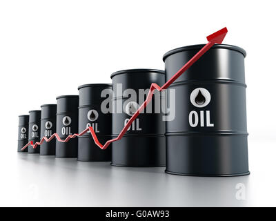 L'huile noire de barils avec flèche rouge illustrant l'augmentation des prix du pétrole Banque D'Images