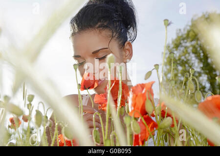 Pretty woman smelling poppy Banque D'Images