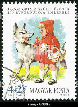 Hongrie - 1985 : affiche le Petit Chaperon Rouge et le loup, par les frères Grimm, Jacob (1785-1863) et Wilhelm (1786-1859) Grim Banque D'Images