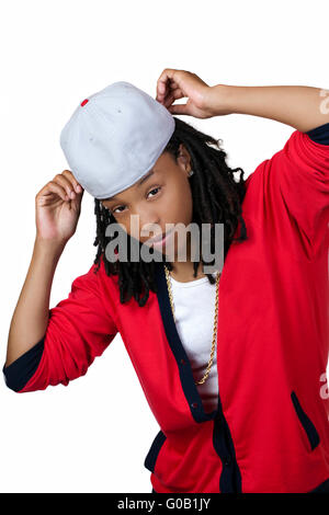 Young African American Woman Red Shirt inversé Baseball Cap Tomboy Banque D'Images
