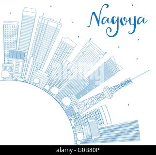 Nagoya contour bleu horizon avec les bâtiments et l'espace de copie. Vector Illustration. Concept d'affaires et tourisme Illustration de Vecteur