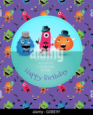 Hipster Monster Carte d'anniversaire. Vector Illustration Banque D'Images