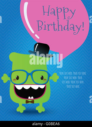 Hipster Monster Carte d'anniversaire. Vector Illustration Banque D'Images