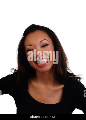 Belle Black Woman Smiling montrant accolades dents supérieures Banque D'Images