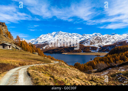 Vue imprenable sur le chemin de randonnée le Village Grevasalvas vers le Lac de Sils et les Alpes suisses en Haute-engadine avec golden Banque D'Images