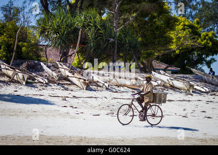 Un pêcheur depuis quelques boutres traditionnels cycles sur la plage à makunduchi, zanzibar Banque D'Images