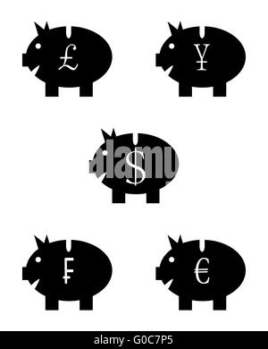 Ensemble de tirelire noir blanc icône. La richesse et l'investissement devise yen euro dollar en espèces, tirelire icône franc.Vector design plat Banque D'Images