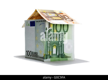 Maison faite de billets en euros, image symbolique Banque D'Images