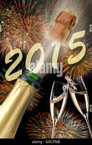 Nouvelle année 2015 avec firework et popping champagne Banque D'Images