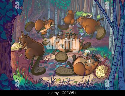 Cartoon Vector Illustration d'un groupe d'adorables castors ayant une partie dans une clairière. Illustration de Vecteur
