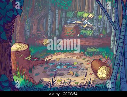 Cartoon Vector Illustration d'un dégagement de forêt scène avec des arbres abattus et des registres et un ruisseau ou rivière en arrière-plan. Illustration de Vecteur