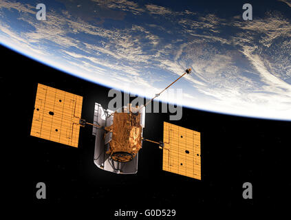 En orbite de satellites internationaux Blue Earth. 3D Illustration. Banque D'Images